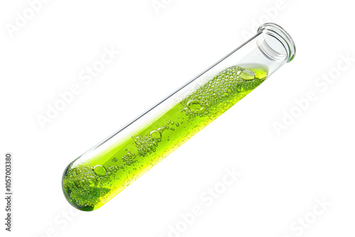 Close-up of a test tube filled with vibrant green liquid, showcasing laboratory experiment and scientific research in chemistry.