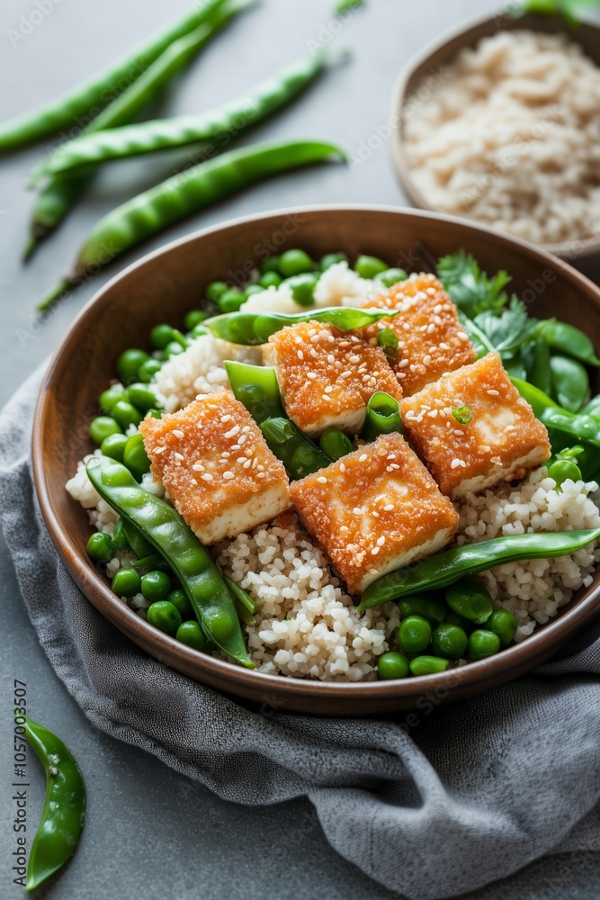 Delicious sesame tofu served on a bed of couscous and fresh green peas with snap peas in a modern kitchen setting Delicious sesame tofu served on a bed of couscous and fresh green peas with snap peas in a modern kitchen setting