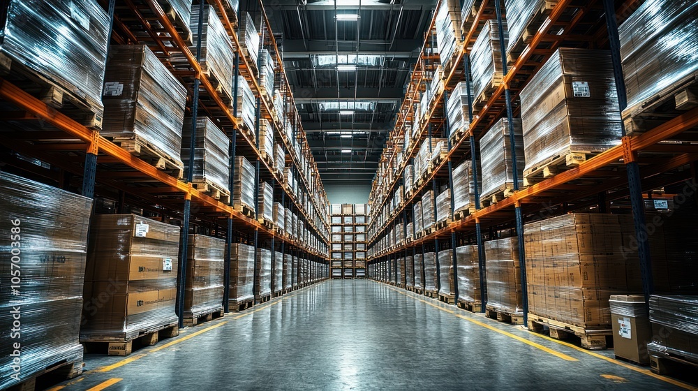 A spacious warehouse filled with stacked pallets and organized shelves. A spacious warehouse filled with stacked pallets and organized shelves.