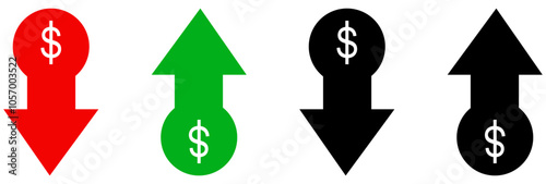 Money increase icon with arrow up symbol, dollar decrease icon . profit and lose money vector icons - Cost rising icon