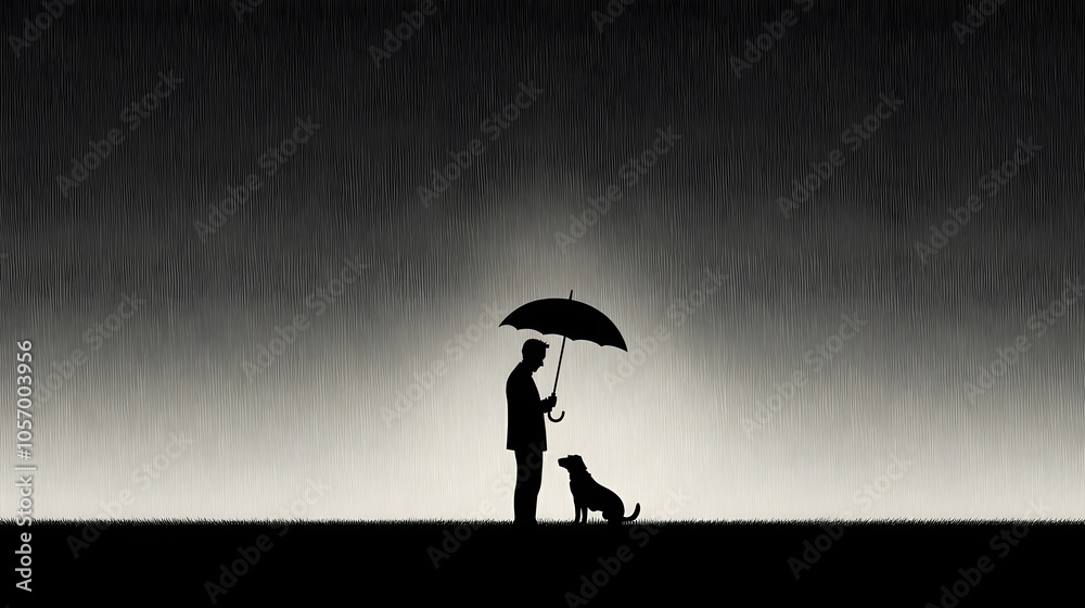 Man with Umbrella Standing Next to Dog in Rain Man with Umbrella Standing Next to Dog in Rain