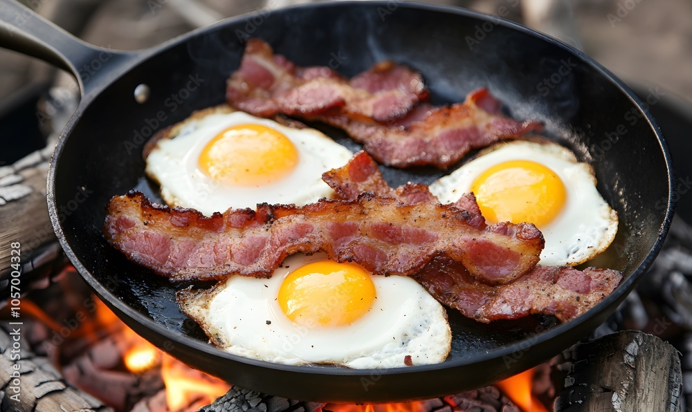 eggs sizzle alongside crispy bacon in a black skillet on a blazing campfire, Generative AI eggs sizzle alongside crispy bacon in a black skillet on a blazing campfire, Generative AI