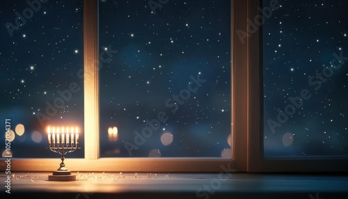 Pendrawn menorah in front of a window, with stars visible in the sky, Hanukkah Lights in the Night, peaceful winter celebration photo