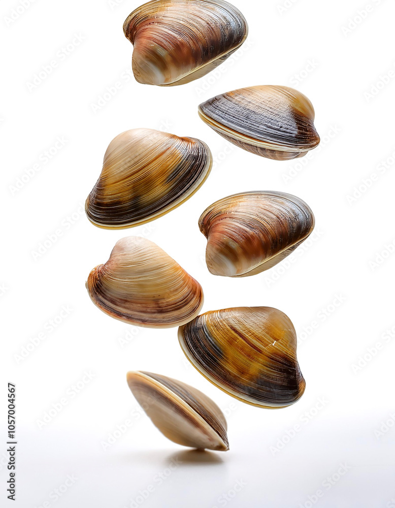 Fresh clams floating or flying isolated white background Fresh clams floating or flying isolated white background