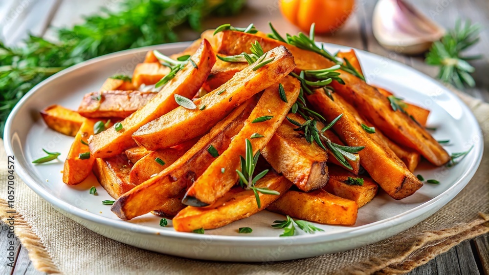 Baked Sweet Potato Fries with Herbs on White Plate - Healthy Snack Photography Baked Sweet Potato Fries with Herbs on White Plate - Healthy Snack Photography