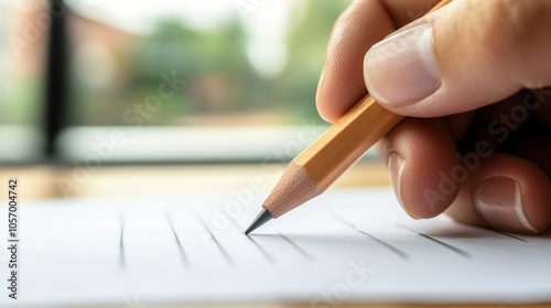 Close-up of a Hand Holding a Pencil and Writing on Lined Paper