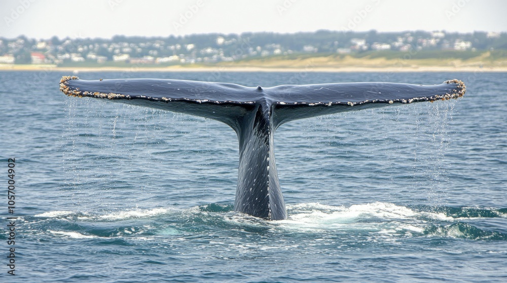 Naklejka premium Massive whale tail slowly sinking into ocean waters, surrounded by a serene sea and distant coastal hills.