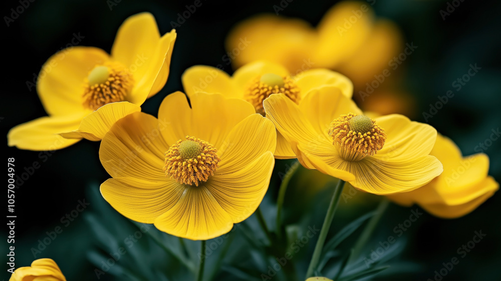 Close-up view of bright yellow flowers with delicate petals and detailed stamens in a natural setting, surrounded by green foliage. Close-up view of bright yellow flowers with delicate petals and detailed stamens in a natural setting, surrounded by green foliage.