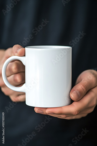 A close-up of a person holding a plain white mug, set against a dark background, symbolizes the simplicity and comfort of enjoying a warm coffee or tea moment.
