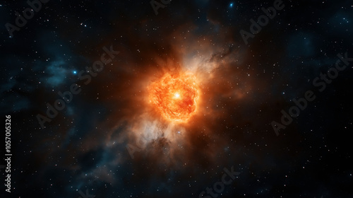 Fiery orange nebula surrounded by stars in deep outer space, showcasing cosmic gas and dust formations