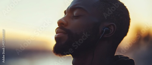 Black person listening to music through earphones, their face glowing with contentment, creating a serene yet uplifting mood, ideal for promoting music streaming or lifestyle visuals photo