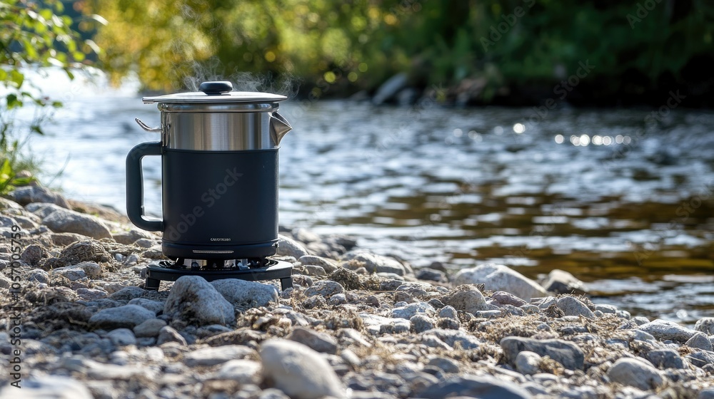 Minimalist portable stove with a kettle, set up on rocky ground, ready for outdoor cooking in a remote, peaceful setting. Minimalist portable stove with a kettle, set up on rocky ground, ready for outdoor cooking in a remote, peaceful setting.