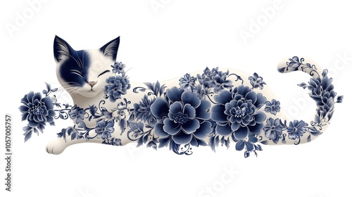 Whimsical Cat Design in Blue and White Porcelain Style