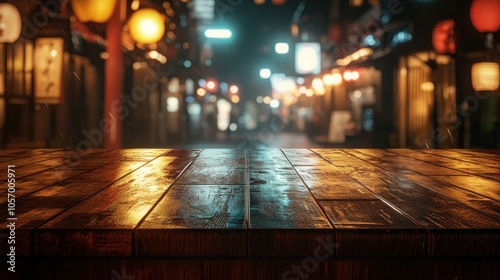 A rainy street scene with a wooden table in the foreground, illuminated by colorful lanterns.