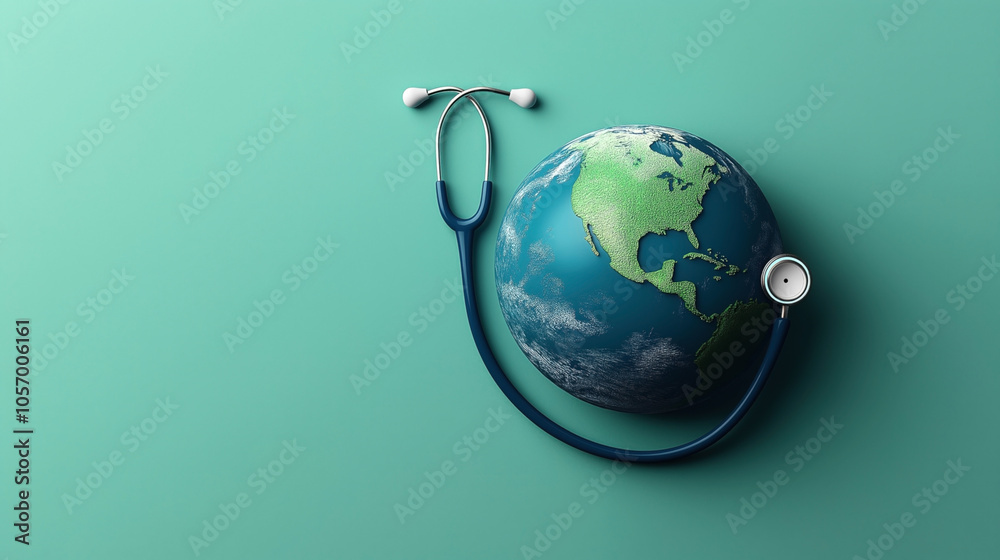 Illustration of a 3D earth globe with a stethoscope on a green background symbolizing global healthcare. Illustration of a 3D earth globe with a stethoscope on a green background symbolizing global healthcare.