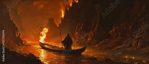 The boatman traveling along the river Styx in search of souls with the eternal fire of the underworld in the background, illuminated by a small torch.