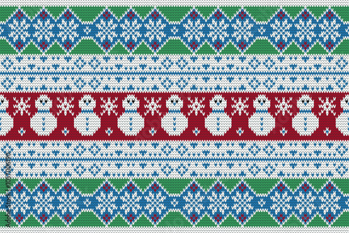 Knitting christmas seamless pattern geometric, snowman, flower ornament. Fabric Seamless pattern.Vector illustration. Ikat ethnic oriental embroidery,Aztec style,baroque.design for texture,clothing