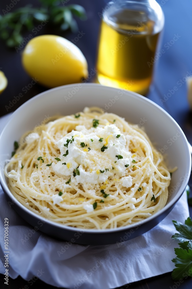 Creamy pasta dish with fresh herbs and lemon served in a bowl, garnished with cheese and olive oil Creamy pasta dish with fresh herbs and lemon served in a bowl, garnished with cheese and olive oil