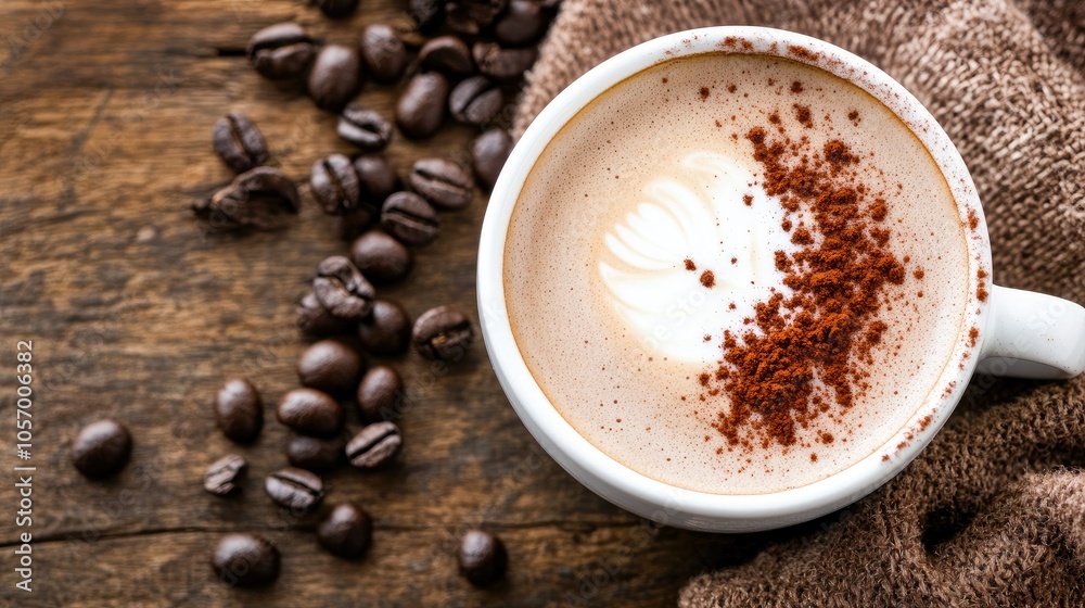 Overhead view of powdered milk being poured into a coffee cup, forming faint latte art against the creamy coffee base. Overhead view of powdered milk being poured into a coffee cup, forming faint latte art against the creamy coffee base.