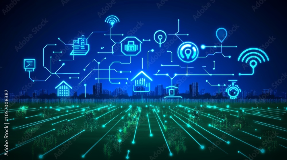 Naklejka premium Smart city network, interconnected devices transforming urban landscape and future of technology