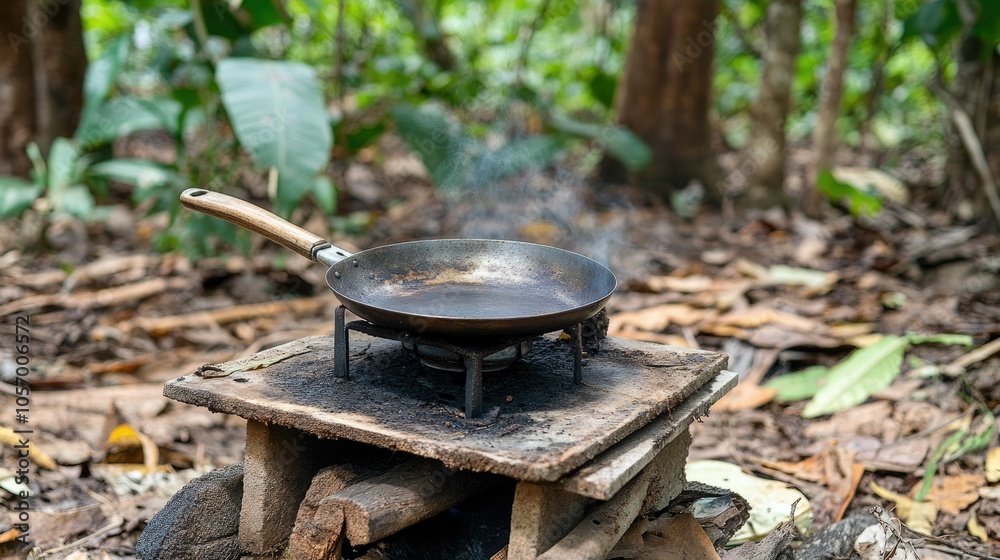 Portable stove set up in a forested area with a frying pan, capturing a practical cooking setup amidst natural surroundings. Portable stove set up in a forested area with a frying pan, capturing a practical cooking setup amidst natural surroundings.