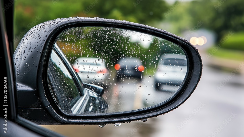 Raindrops clinging to the rearview mirror glass, with soft reflections of passing cars on a rainy road. Raindrops clinging to the rearview mirror glass, with soft reflections of passing cars on a rainy road.