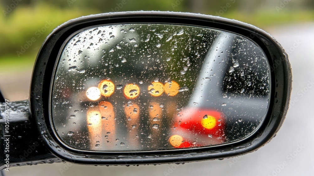 Raindrops covering rearview mirror, capturing the reflections of street lights on a misty, rainy evening. Raindrops covering rearview mirror, capturing the reflections of street lights on a misty, rainy evening.