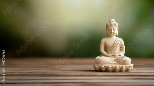 serene Buddha statue sits gracefully on wooden surface, symbolizing peace and tranquility. soft background enhances its calming presence