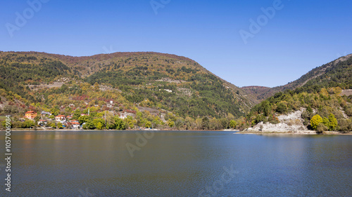 Cubuk Lake in Goynuk District of Bolu, Turkey. Beautiful lake view with windmills. photo