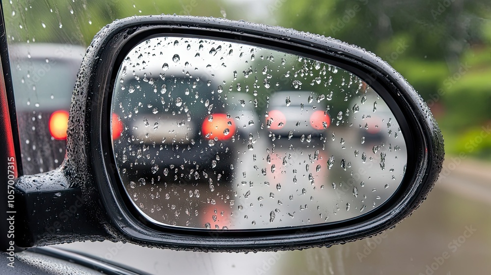 Rearview mirror dotted with raindrops, reflecting blurred traffic lights and creating a rainy ambiance inside the car. Rearview mirror dotted with raindrops, reflecting blurred traffic lights and creating a rainy ambiance inside the car.