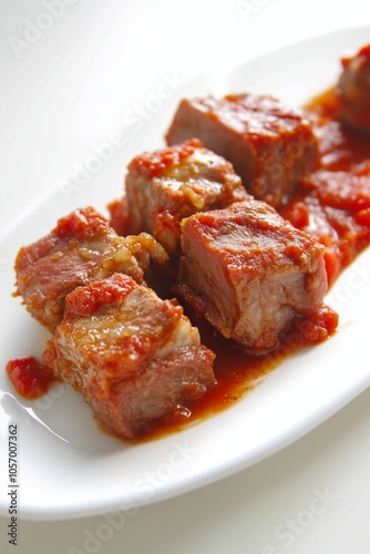 Tender beef chunks simmered in rich tomato sauce served on a white plate, showcasing a delicious home-cooked meal