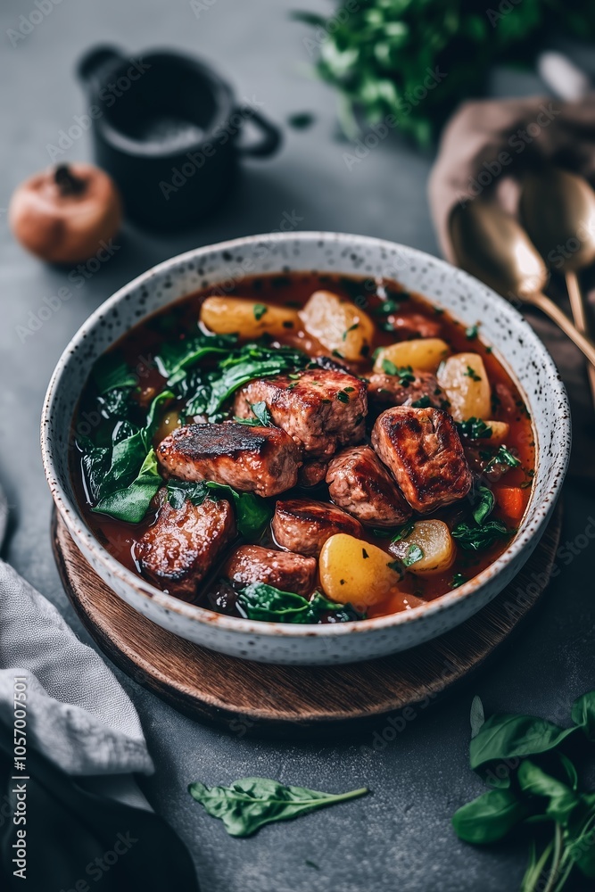 Hearty sausage and vegetable stew served in a rustic bowl, showcasing fresh ingredients on a dark kitchen countertop
