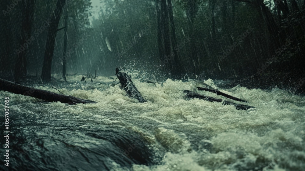 Obraz premium Close-up of floodwaters crashing through a forested area, uprooting trees and debris flowing with intense force, while rain continues to pour 