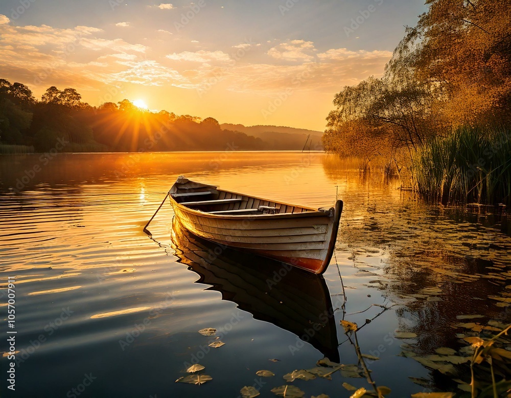 Fototapeta premium Boat anchored on calm lake at golden hour