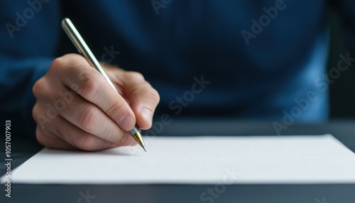 A person writing on a blank sheet of paper with a pen, focused and contemplative, isolated background.