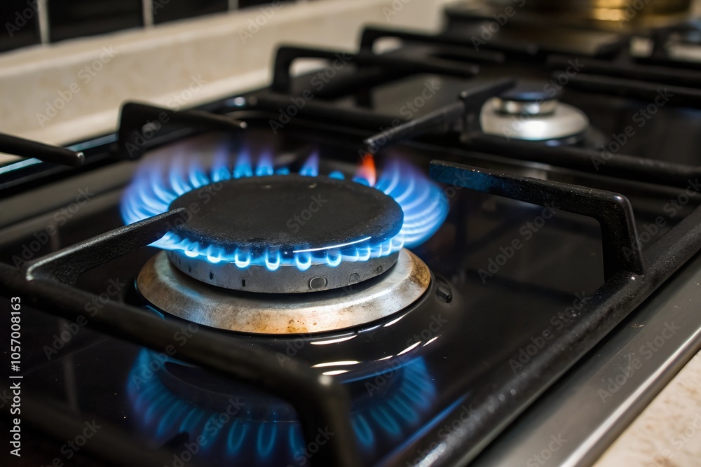Gas blue flame. Gas stove on a black background. Natural gas inflammation in a furnace burner, close-up view. Gas blue flame. Gas stove on a black background. Natural gas inflammation in a furnace burner, close-up view.