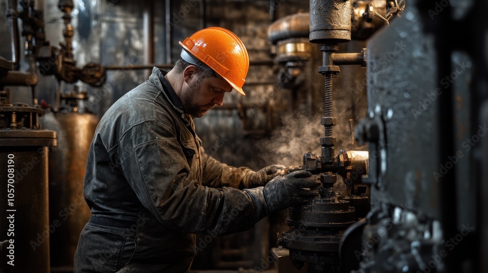 A worker in a protective helmet operates machinery in an industrial setting. A worker in a protective helmet operates machinery in an industrial setting.