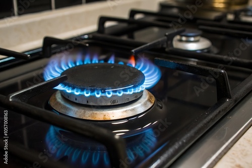 Gas blue flame. Gas stove on a black background. Natural gas inflammation in a furnace burner, close-up view.