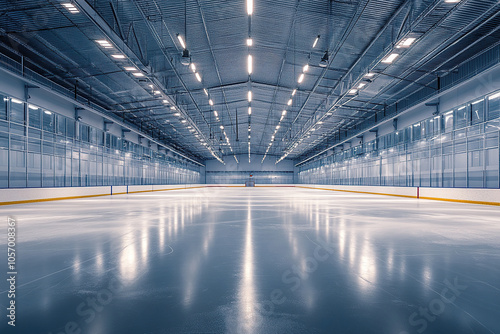 Empty ice arena illuminated by spotlights. Sports Ice Arena