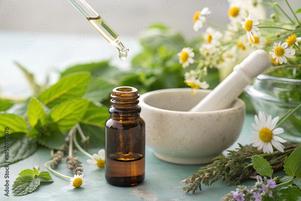 An alternative herbal medicine concept depicting herbal essence being dropped, symbolizing the extraction or use of natural plant extracts for medicinal purposes. This imagery often represents An alternative herbal medicine concept depicting herbal essence being dropped, symbolizing the extraction or use of natural plant extracts for medicinal purposes. This imagery often represents