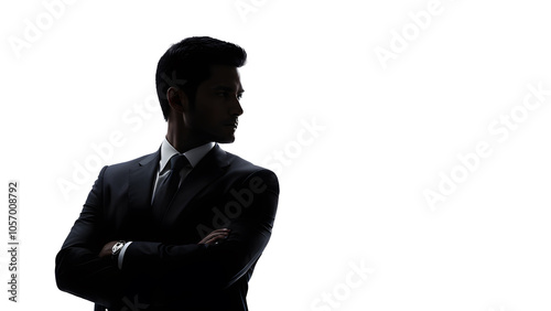Silhouette of businessman wearing suit arms crossed standing confidently looking to right side composition isolated against white background
