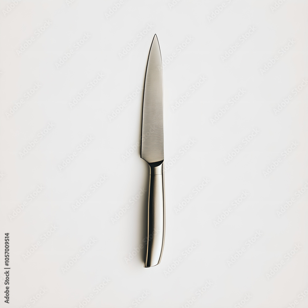 A single, sharp kitchen knife with a sleek design is showcased against a plain white backdrop, representing culinary tools and precision in cooking arts.