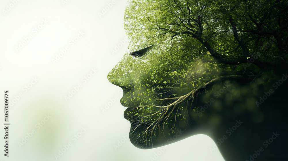 double exposure image of woman profile blended with lush green trees, symbolizing nature and tranquility. serene expression evokes sense of peace and connection to environment double exposure image of woman profile blended with lush green trees, symbolizing nature and tranquility. serene expression evokes sense of peace and connection to environment