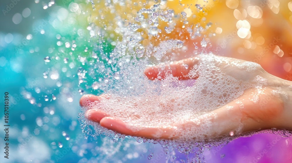 Fototapeta premium Soap-covered hands scrubbing under a stream of water, bubbles forming as hygiene practices are emphasized in clean space.
