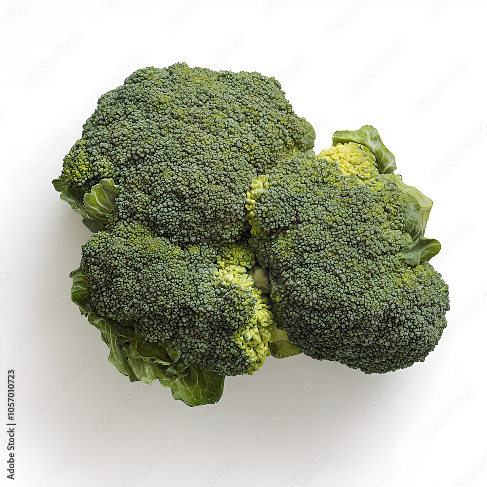 A close-up of fresh green broccoli with vibrant florets, perfect for healthy eating, isolated on a clean white background to emphasize its texture and color. A close-up of fresh green broccoli with vibrant florets, perfect for healthy eating, isolated on a clean white background to emphasize its texture and color.