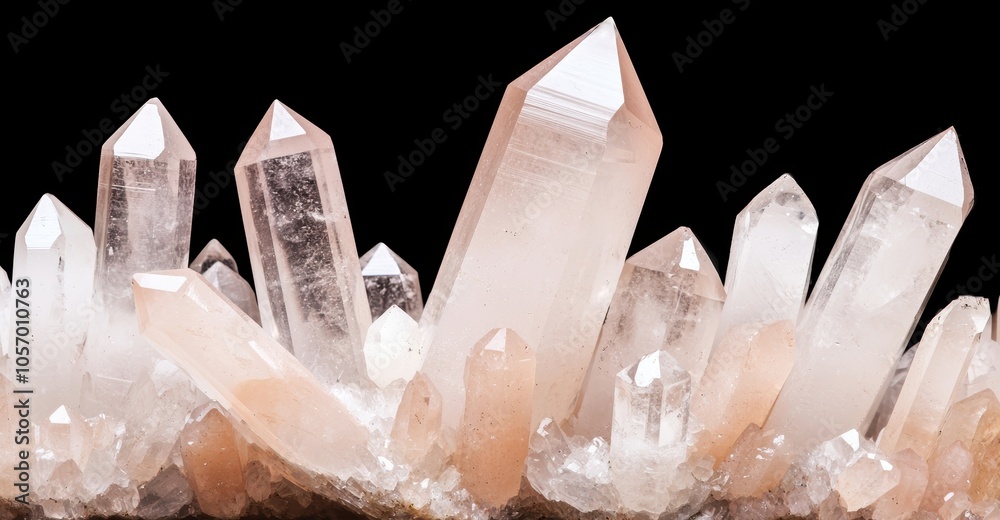 Beautiful pink quartz crystal cluster on a black background. Beautiful pink quartz crystal cluster on a black background.