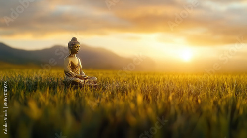 Wallpaper Mural serene golden Buddha statue sits peacefully in lush green field, radiating warmth as sun sets behind distant mountains, creating tranquil atmosphere Torontodigital.ca