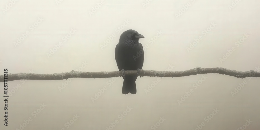 Fototapeta premium Crow Perched on Branch in Misty Forest Wildlife Photography