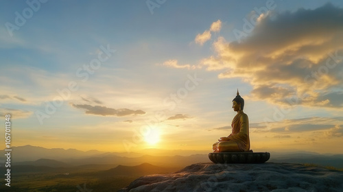 serene golden Buddha statue sits peacefully against stunning sunset backdrop, symbolizing tranquility and enlightenment. landscape features rolling hills and vast sky