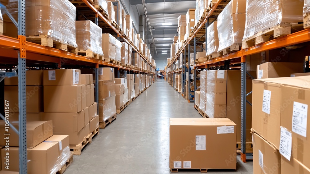 A spacious warehouse filled with stacked boxes on pallets, showcasing organized storage and wide aisles for efficient handling. A spacious warehouse filled with stacked boxes on pallets, showcasing organized storage and wide aisles for efficient handling.